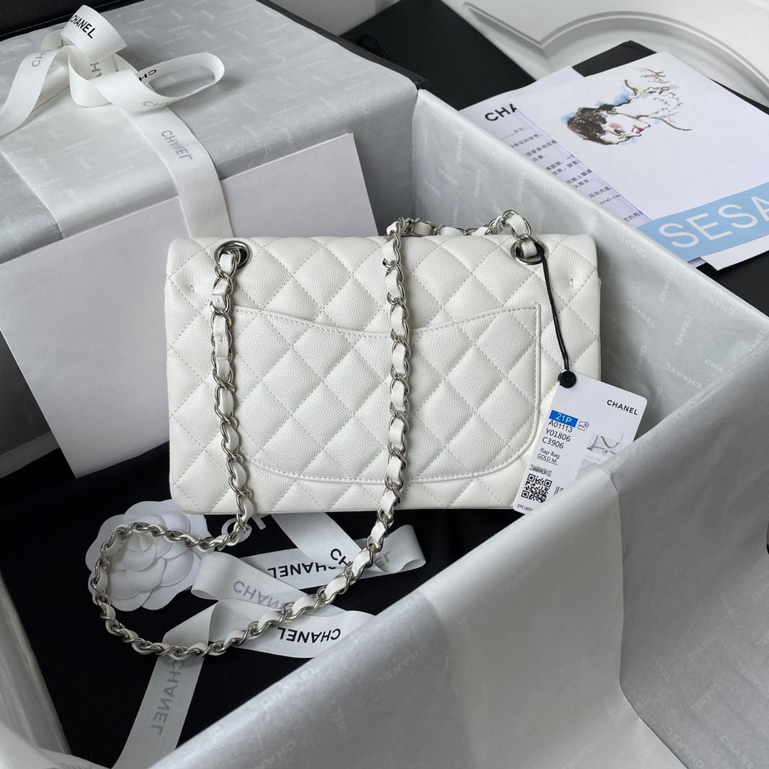 Ch*el small classic handbag grained calfskin & silver-tone metal white 5.7 × 9 × 2.3 in