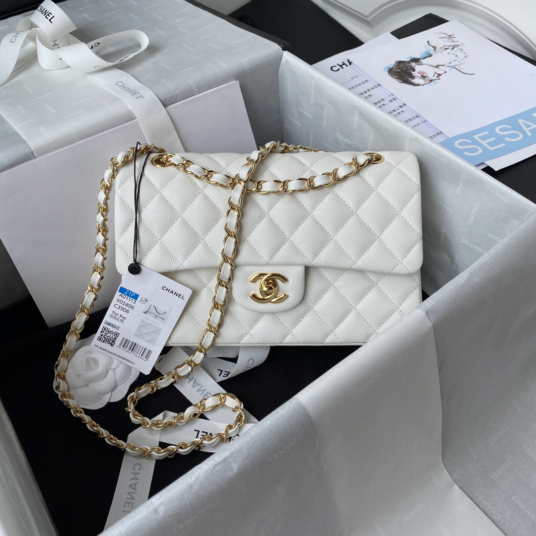 Ch*el small classic handbag grained calfskin & gold-tone metal white 5.7 × 9 × 2.3 in