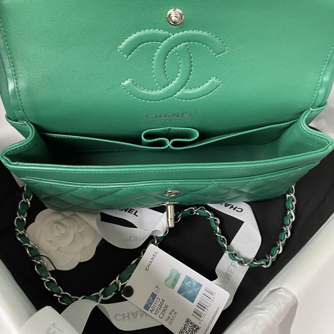 Ch*el small classic handbag grained shiny calfskin & silver-tone metal green 5.7 × 9 × 2.3 in