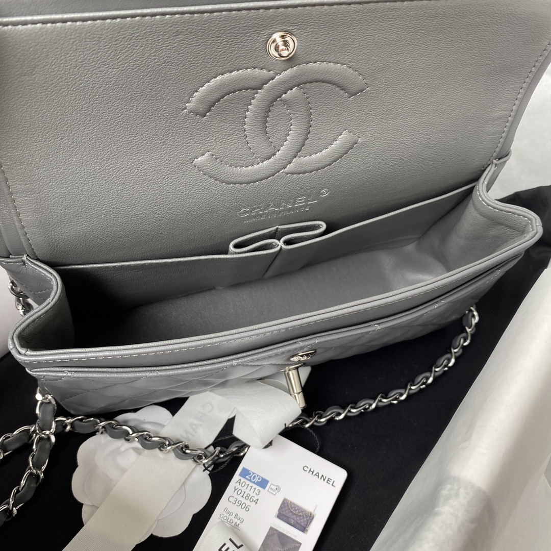 Ch*el small classic handbag grained shiny calfskin & silver-tone metal gray 5.7 × 9 × 2.3 in