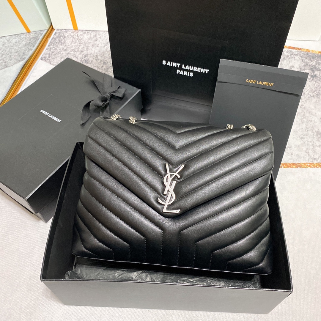 Y*L loulou medium in quilted leather black silver 12.5 x 8.6 x 3.5 inches