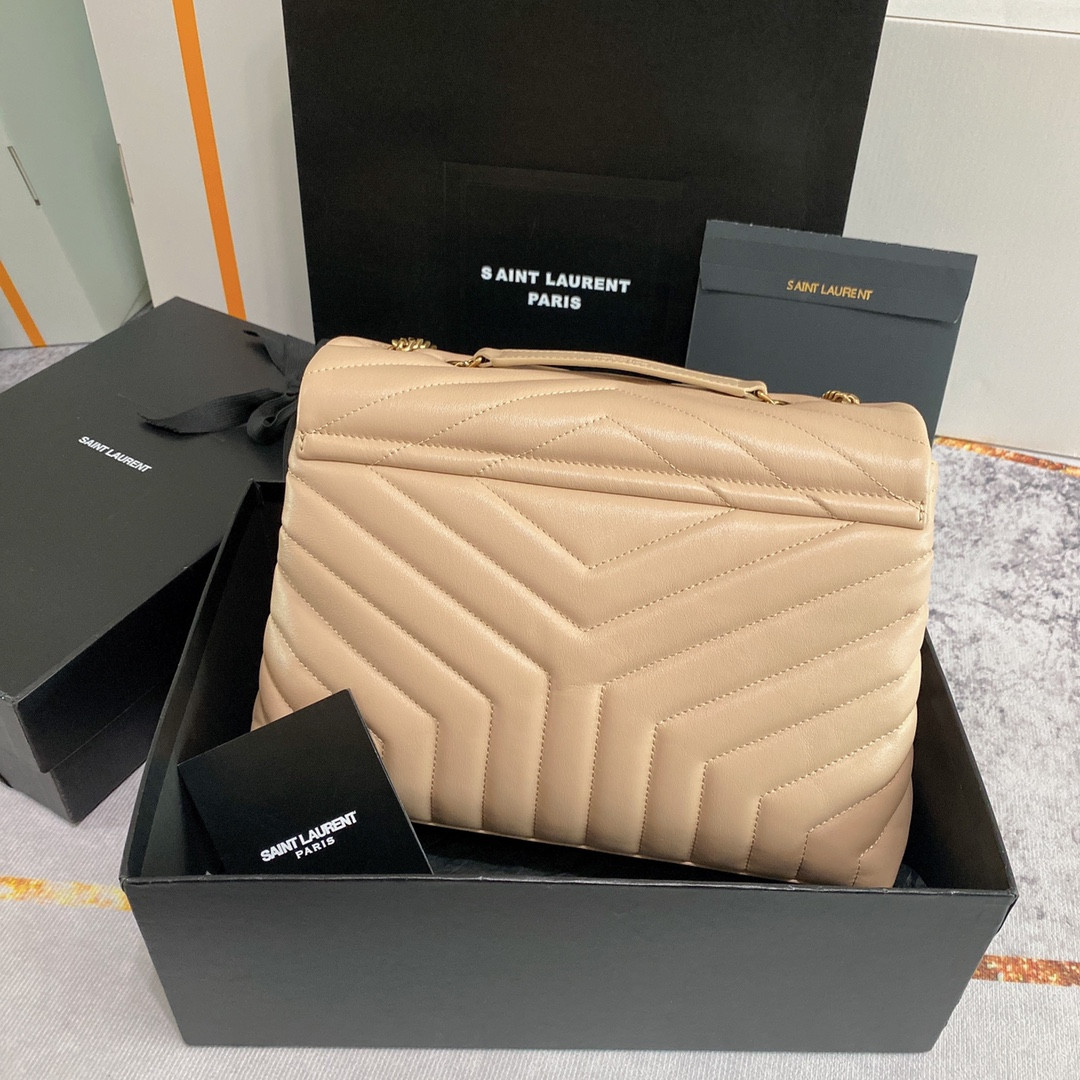 Y*L loulou medium in quilted leather dark beige 12.5 x 8.6 x 3.5 inches