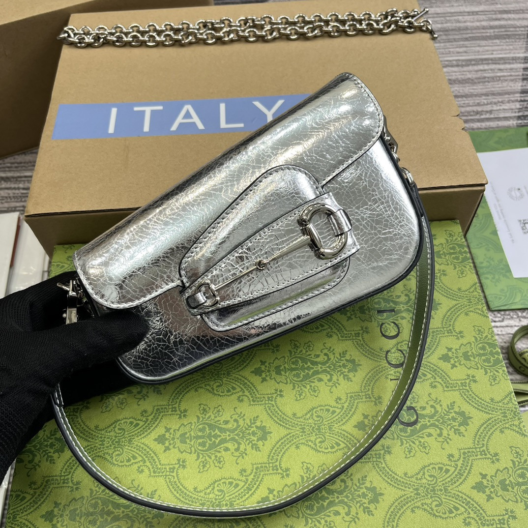 G*u*i horsebit 1955 mini shoulder bag silver 7.7"w x 5-3.1"h x 2.4-1.2"d