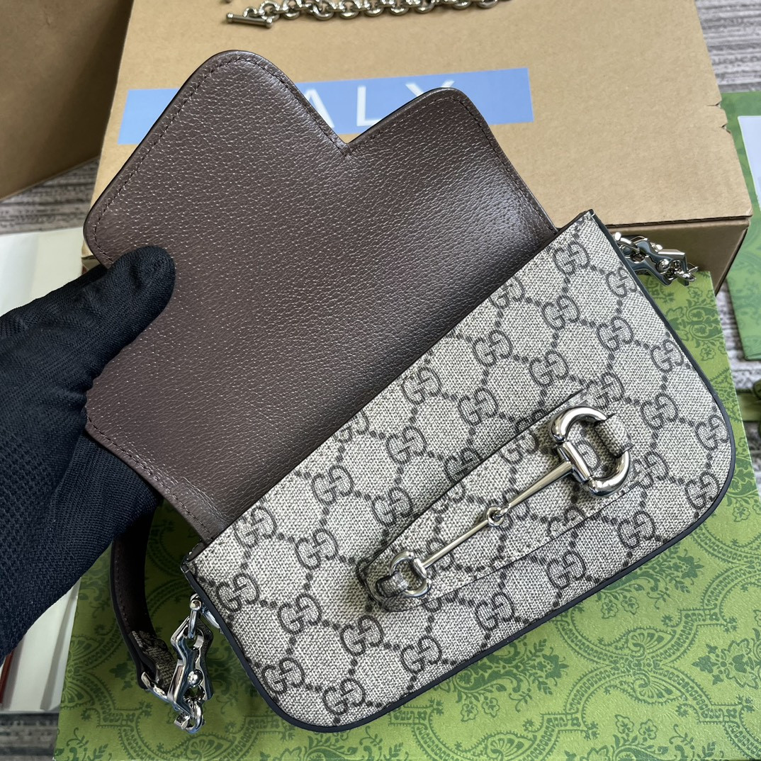 G*u*i horsebit 1955 mini shoulder bag beige and ebony 7.7"w x 5-3.1"h x 2.4-1.2"d