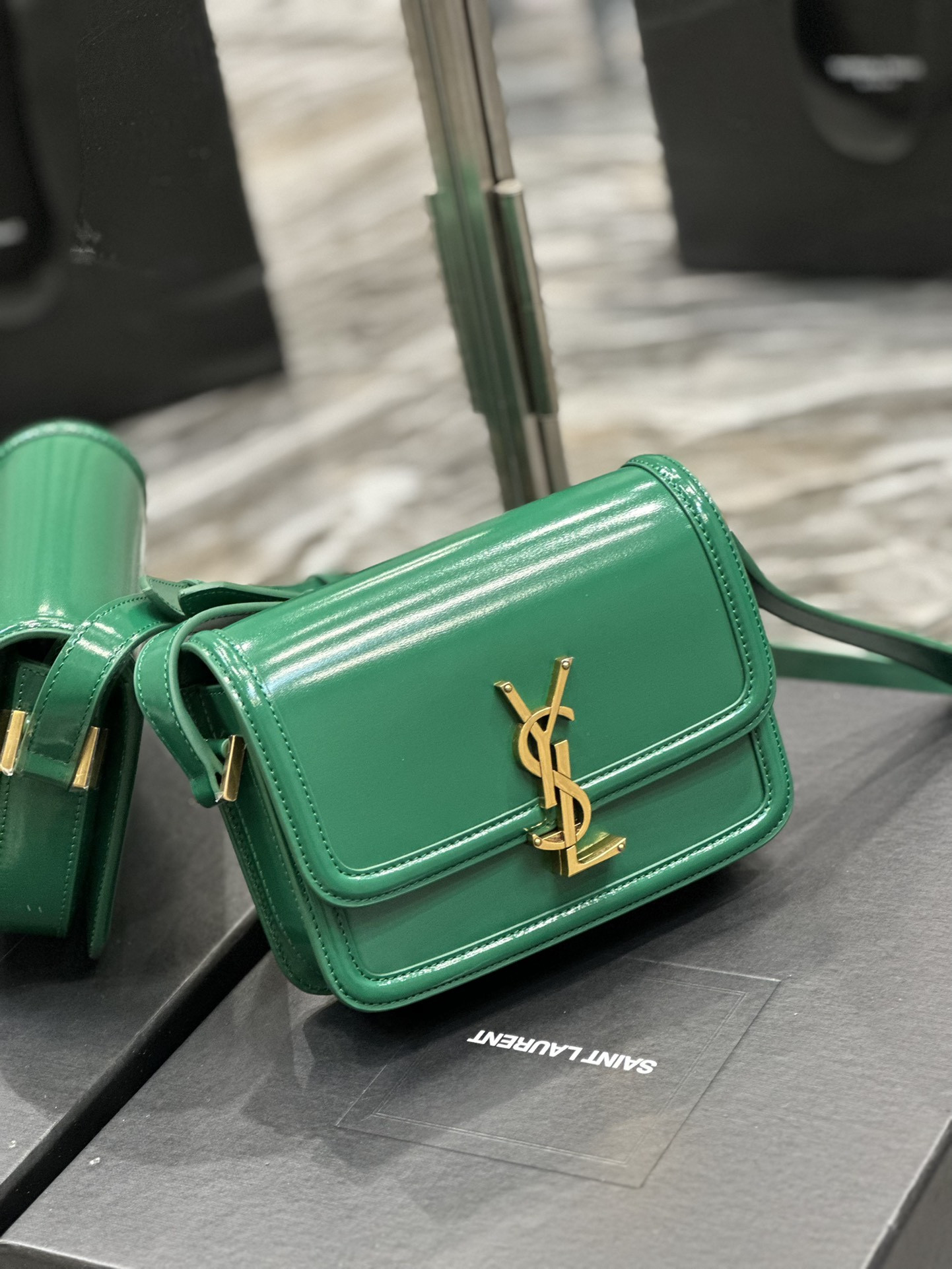 y*l solferino small satchel in box Sa**t Lau*nt green 7.4 x 5.1 x 1.9 inches
