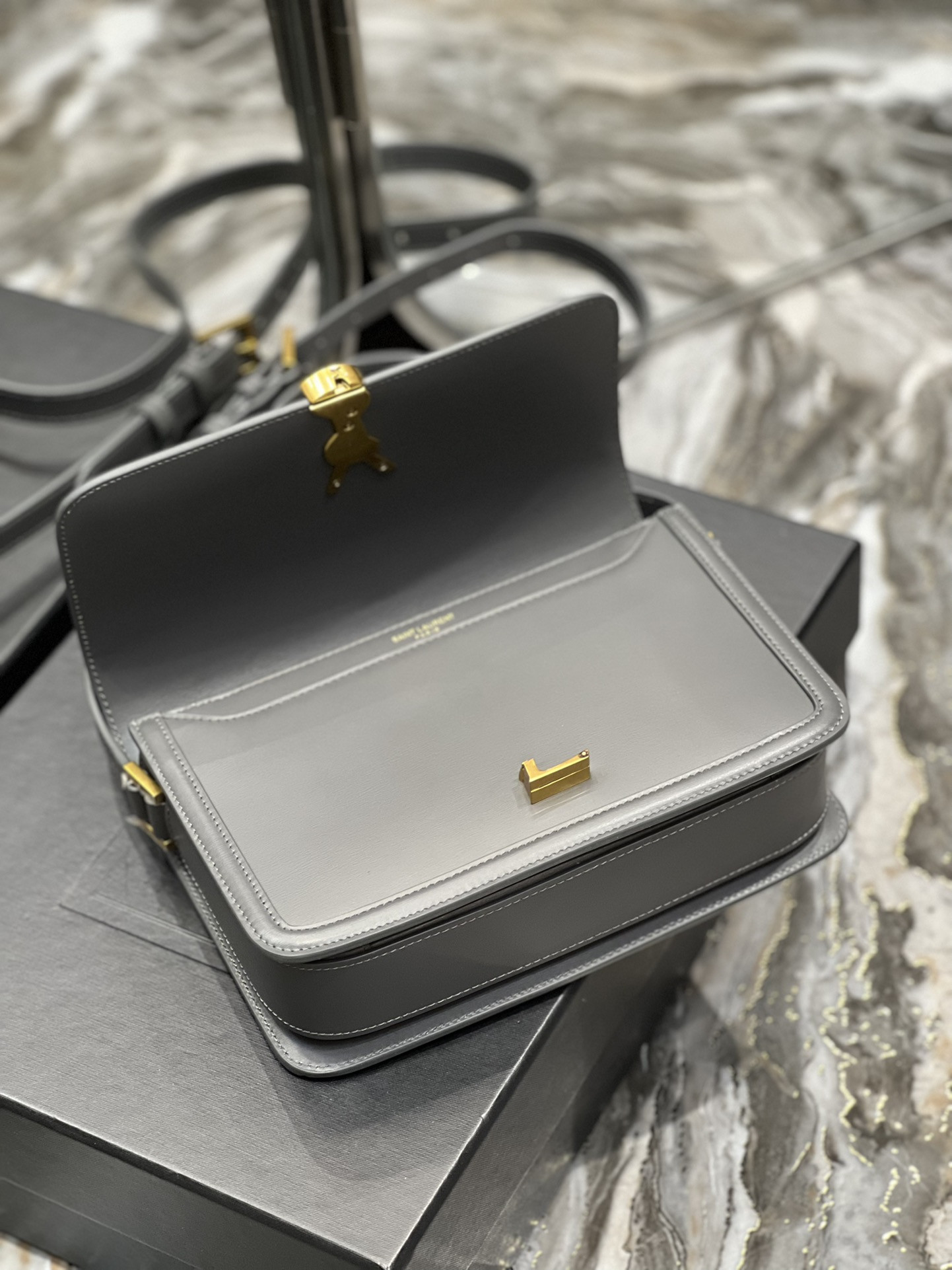 y*l solferino medium satchel in box Sa**t Lau*nt light gray 9.1 x 6.3 x 2.4 inches