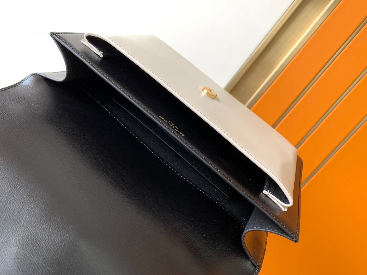 Y*L sunset large in smooth leather black white 10.6 x 7 x 3.1 inches
