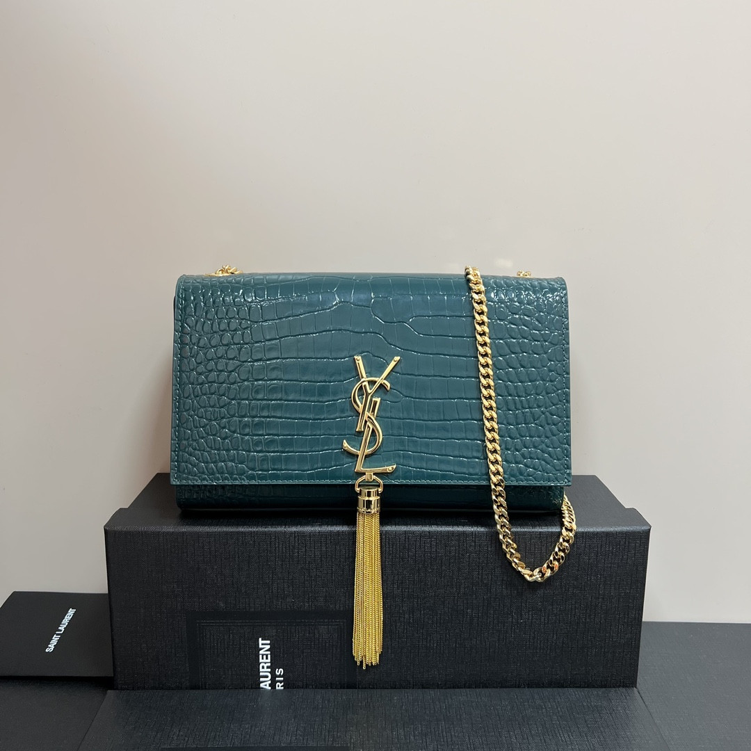 Y*L kate medium tassel in crocodile-embossed leather blue 9.4 x 5.7 x 2.1 inches