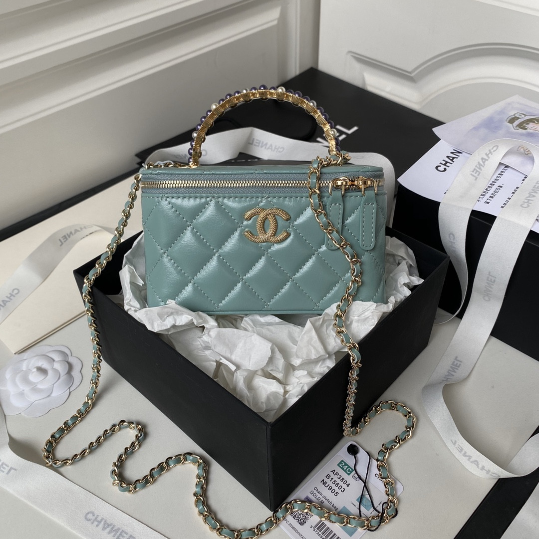 Ch*el 24p chain leather square box shoulder bag blue 16x10x8cm