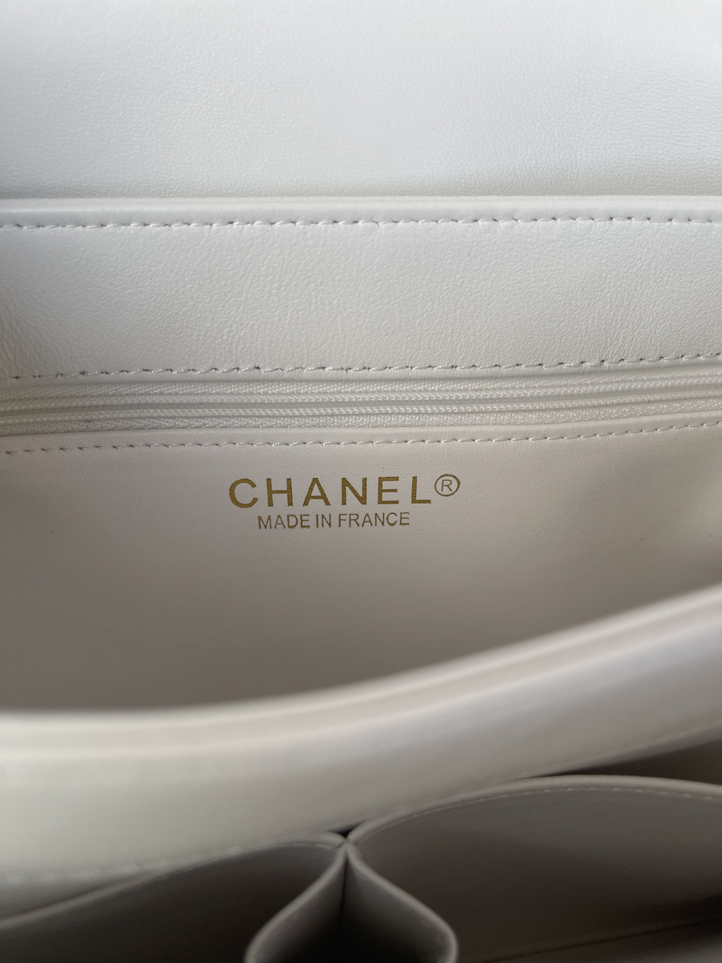 Ch*el flap bag with top handle white 6.6 × 9.8 × 4.7 in