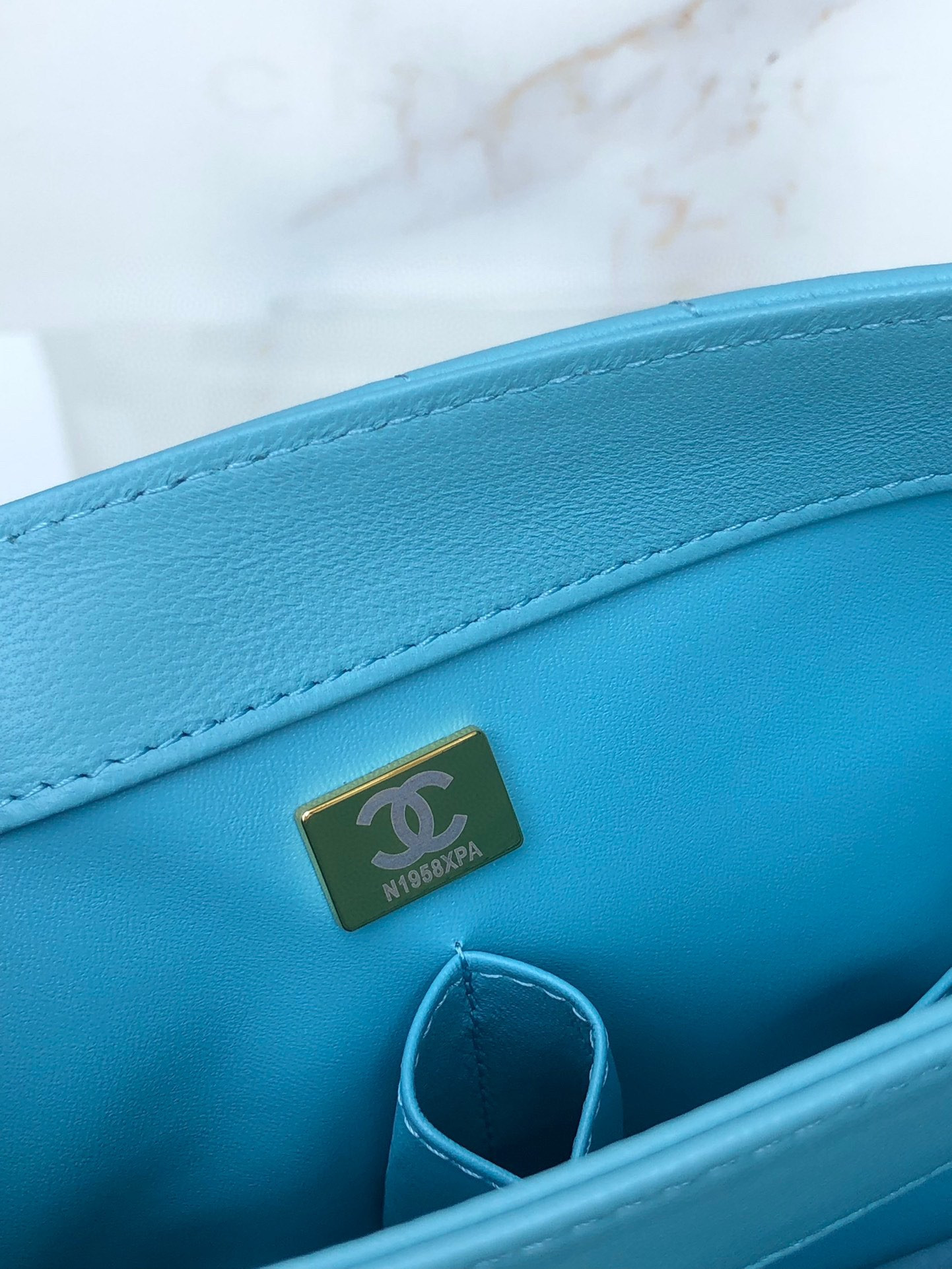 Ch*el flap bag with top handle 6.6 × 9.8 × 4.7 in