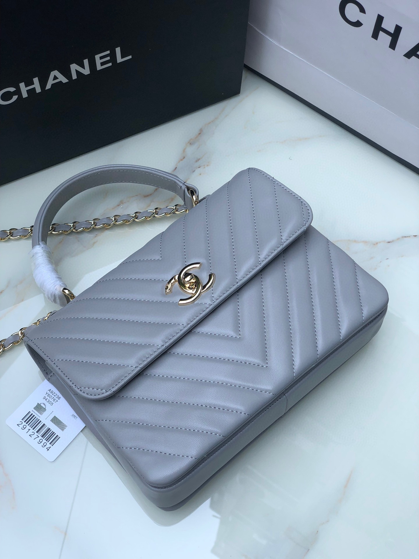 Ch*el flap bag with top handle gray 6.6 × 9.8 × 4.7 in