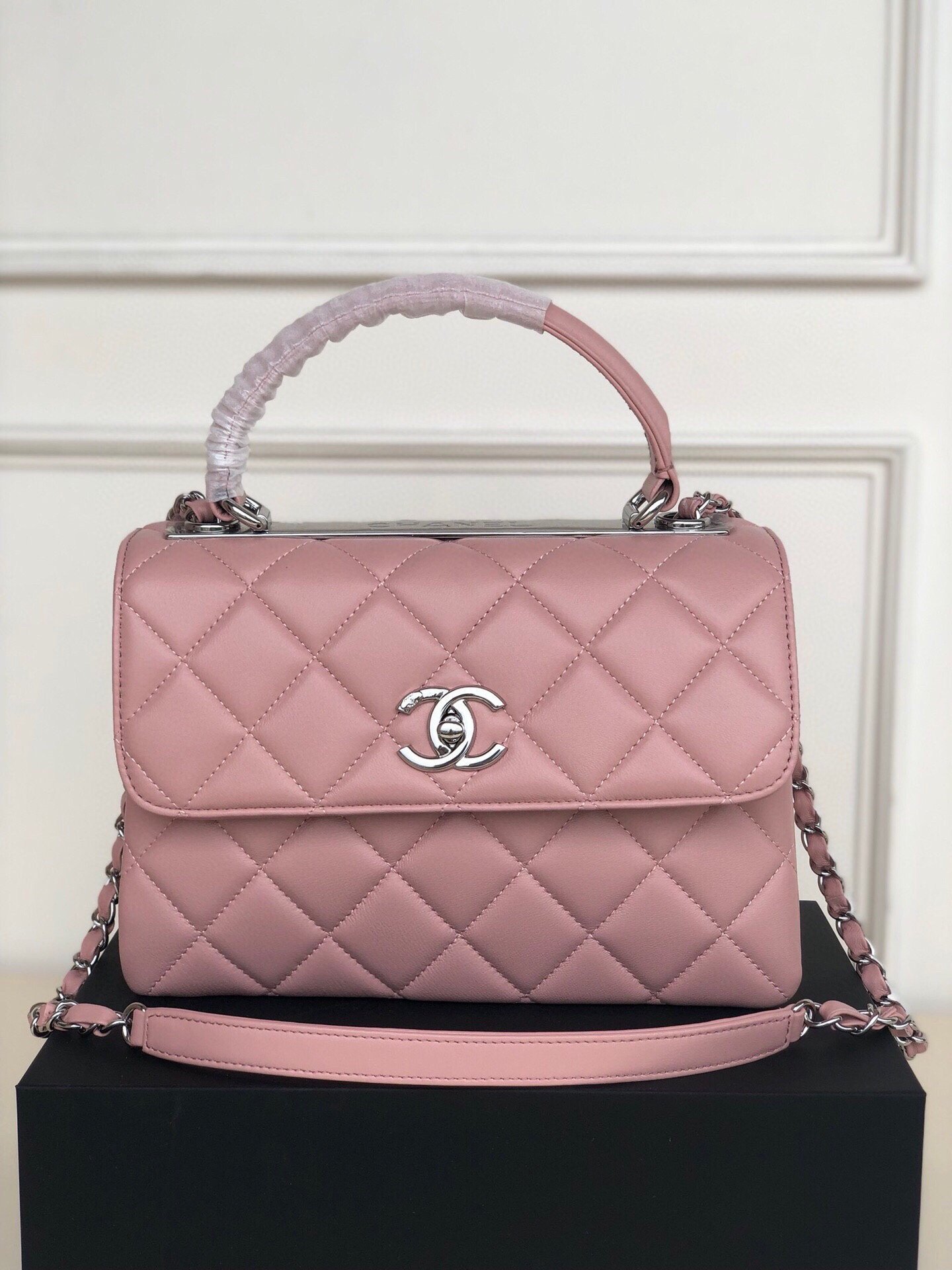 Ch*el flap bag with top handle 6.6 × 9.8 × 4.7 in