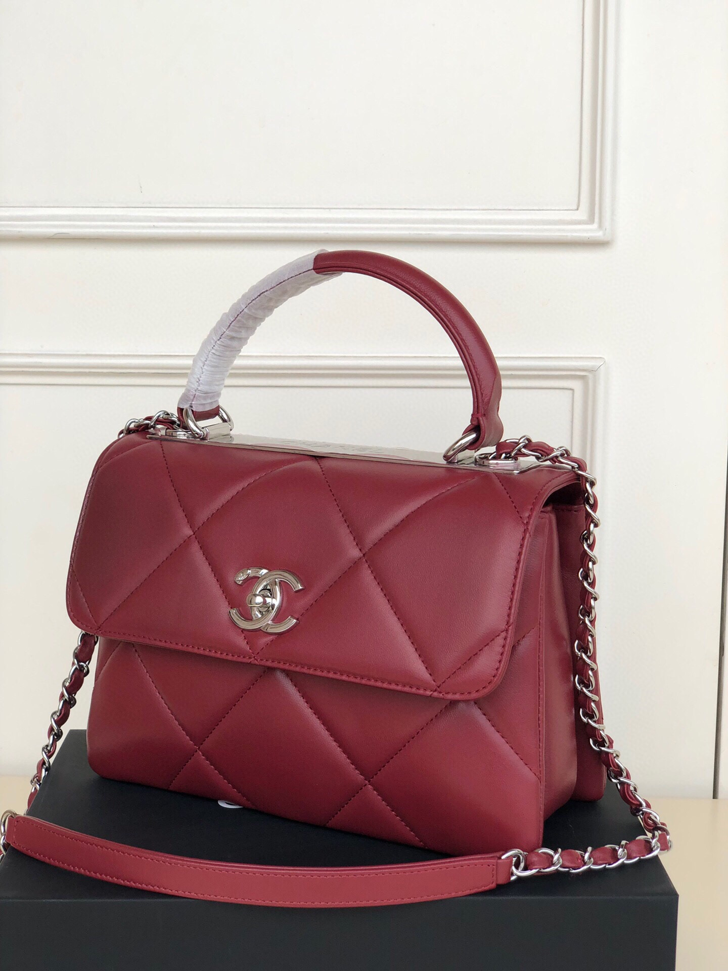 Ch*el flap bag with top handle 6.6 × 9.8 × 4.7 in