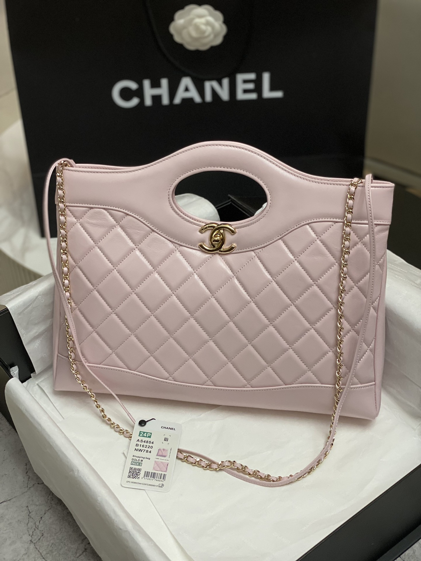 Ch*el  shopping bag shiny lambskin & gold-tone metal 35x39x8cm