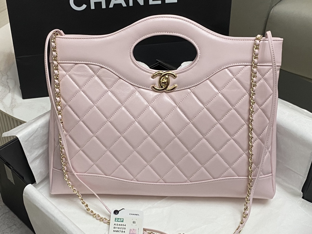 Ch*el  shopping bag shiny lambskin & gold-tone metal 35x39x8cm