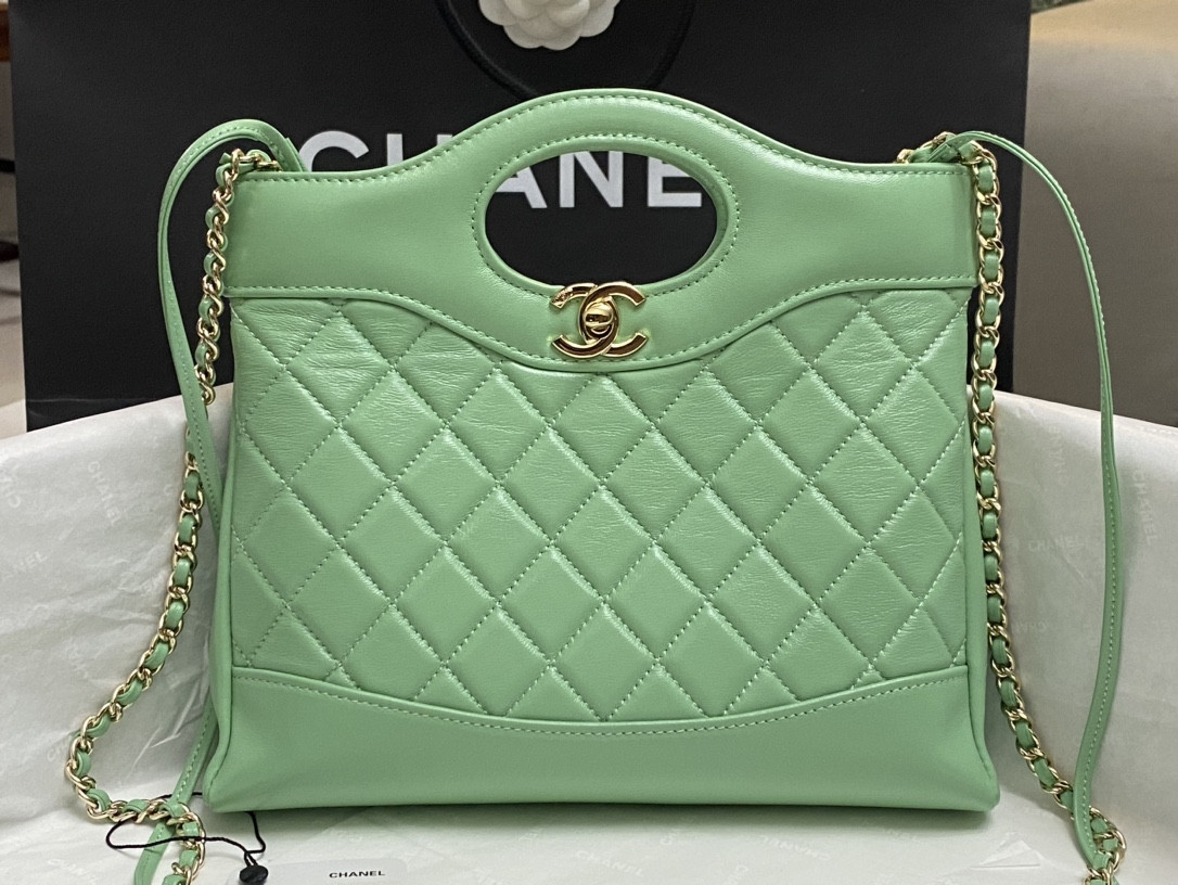 Ch*el mini shopping bag shiny lambskin & gold-tone metal light green 22x23x5.5cm