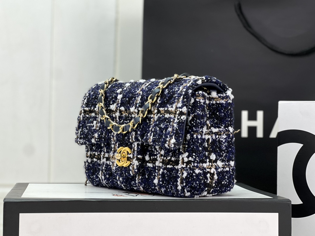 Ch*el mini classic 11.12 handbag tweed & gold-tone metal 4.7 × 7.8 × 2.3 in