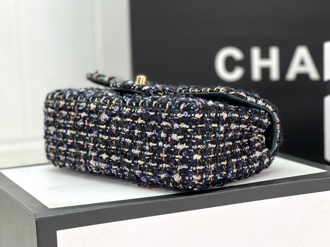 Ch*el mini classic 11.12 handbag tweed & gold-tone metal 4.7 × 7.8 × 2.3 in