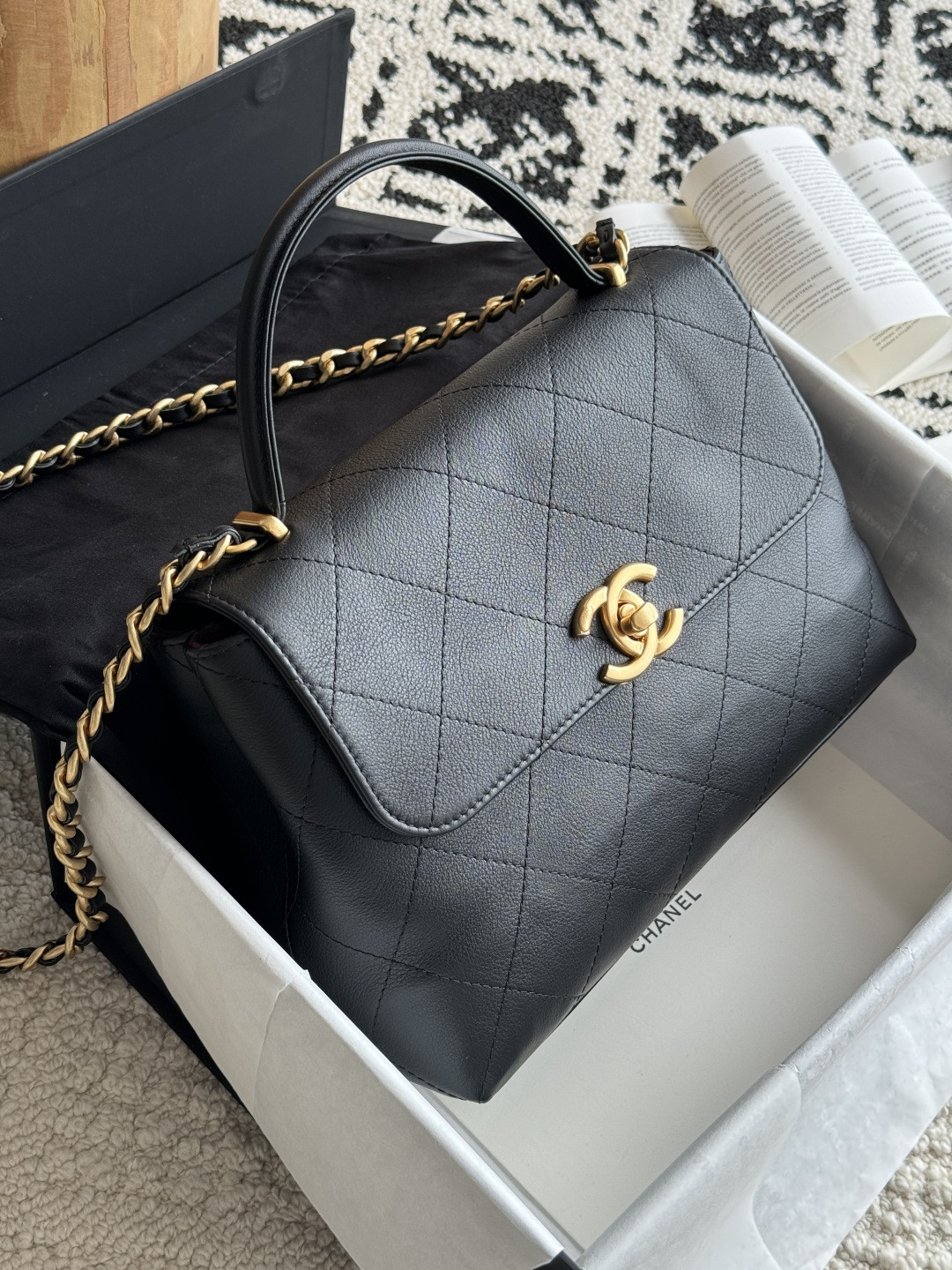 Ch*el large flap bag with top handle calfskin 20.5x28x9.5cm